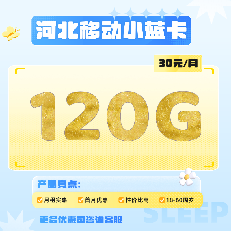 河北移动小蓝卡(30元包120G通用流量+100分钟通话)
